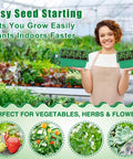 Woman holding All In One Seed Starter Kit With Grow Light And Heat Mat For Indoor Gardening Four 12 Cell Trays That Hold 48 Seedlings.