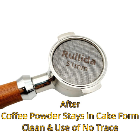 Espresso Puck Screen 51mm, 316 Stainless Steel, Reusable 1.7mm Thick 150 Micron Filter Mesh Plate in portafilter, text "Rullida 51mm"