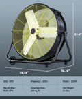Heavy Duty High Velocity Drum Fan Pumping Out Serious Chill For Garage Shop Warehouse And Patio With Badass 8800 CFM Airflow And Three Speed Settings, 24 inch fan in black, showing specs and dimensions.