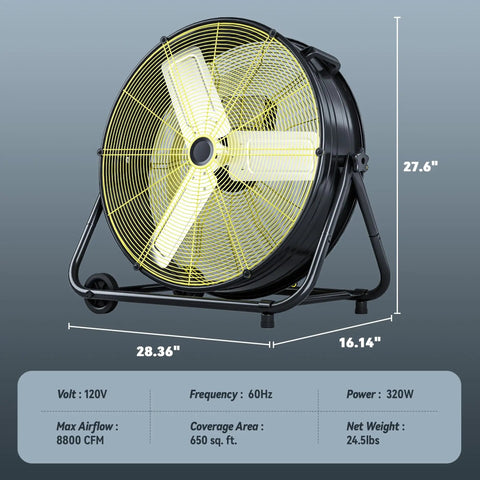 Heavy Duty High Velocity Drum Fan Pumping Out Serious Chill For Garage Shop Warehouse And Patio With Badass 8800 CFM Airflow And Three Speed Settings, 24 inch fan in black, showing specs and dimensions.