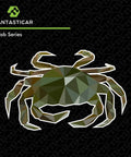 Geometric design of a crab in shades of green and brown on a black background, part of the Fantasticar Crab Series.