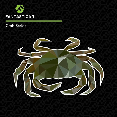 Geometric design of a crab in shades of green and brown on a black background, part of the Fantasticar Crab Series.