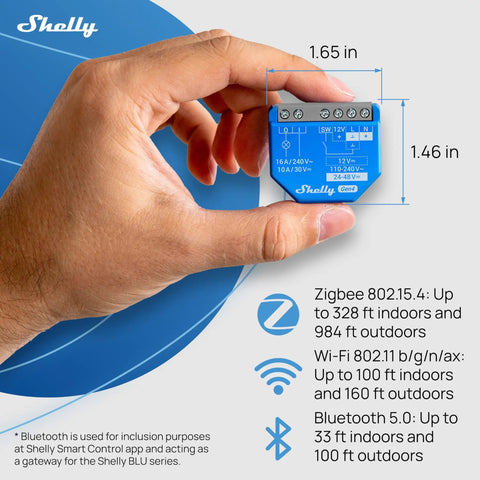 Hand holding Gen 4 No Fuss Smart Relay Switch 1 Channel 16A With WiFi Zigbee Matter Dry Contacts For Quick Home Automation 2 Pack