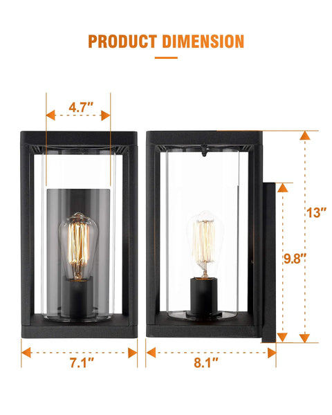 Dusk To Dawn Outdoor Wall Light 2 Pack Slick Modern Exterior Sconce; product dimensions diagram with black cast aluminum and clear glass.