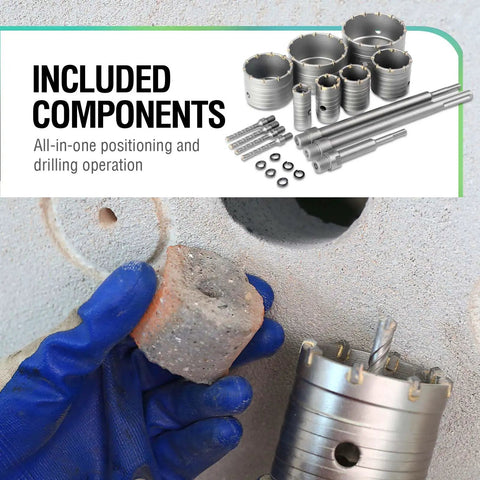 Badass 20 Piece Concrete Hole Saw Kit With Heavy Duty Sds Plus And Sds Max Shanks For Rotary Hammers showing components and masonry core bit.
