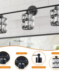 Matte Black 3 Light Vanity Fixture With Crystal Shades For Bathroom And Bedroom, modern view above mirror