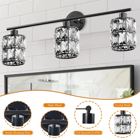 Matte Black 3 Light Vanity Fixture With Crystal Shades For Bathroom And Bedroom, modern view above mirror