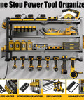One Stop Power Tool Organizer featuring Heavy Duty Power Tool Organizer Wall Mount With 7 Slot Cordless Drill Holder And Battery Shelf, Metal Tool Rack With Go-To Charging Station For Garage Organization And Easy Quick Access.