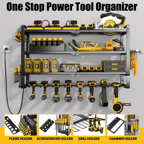 One Stop Power Tool Organizer featuring Heavy Duty Power Tool Organizer Wall Mount With 7 Slot Cordless Drill Holder And Battery Shelf, Metal Tool Rack With Go-To Charging Station For Garage Organization And Easy Quick Access.