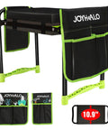 Sturdy 10.9 Inch Foldable Garden Kneeler And Seat With Extra Thick Cushions, black with green accents, side view with tool bags.
