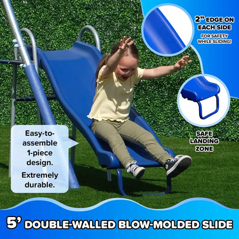 Child sliding down 5ft wave slide of Backyard Metal Swing Set With 5 Foot Wave Slide Two Swings Two Person Glider And Two Person Saucer Swing Standing Swing Outdoor Playset With Anchors For Up To Eight Kids 6 Year Warranty And Sturdy 6.1 Foot Tall.