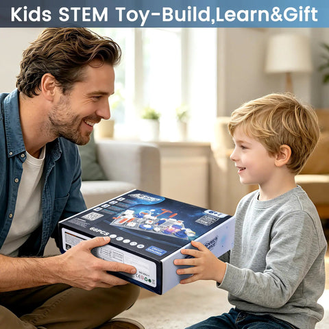 Kid Friendly Electronics Kit With 66 DIY Circuit Parts And 1200 Plus Projects Build Hands On Experiments From RGB Lights To Bluetooth Speaker Levitation Spray Module Hand Crank Generator Flying Saucer Gear Safe Fun STEM Learning box held by man and boy