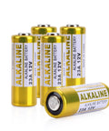Heavy Duty 23A 12V Alkaline Batteries 5 Pack Runs Forever For Garage Door Openers And Remote Controls, gold cylindrical design