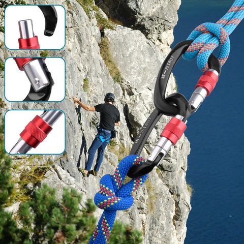 Heavy Duty Auto Locking Climbing Carabiners 25kN 5620 Lbs UIAA CE Certified for rock climbing with blue rope on cliff.