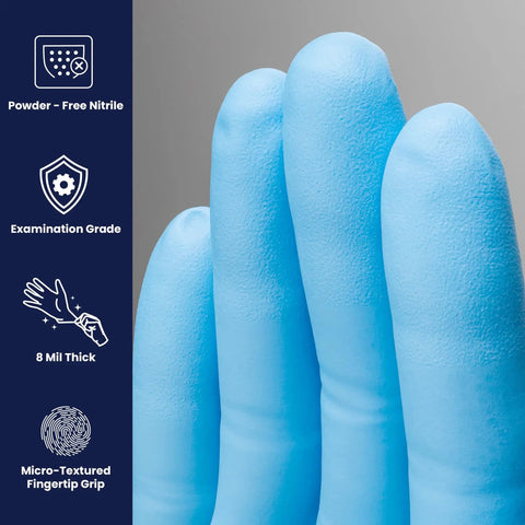 Heavy Duty Disposable Nitrile Gloves With Kickass Textured Grip, 8 Mil Latex Free Powder Free, Large Blue fingers close-up