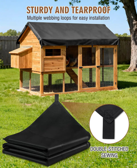 Heavy Duty Built Tough 20 Mil Waterproof Tarp 6.5x7 Ft Black Tarpaulin With Reinforced Webbing Loops covering roof of wooden coop