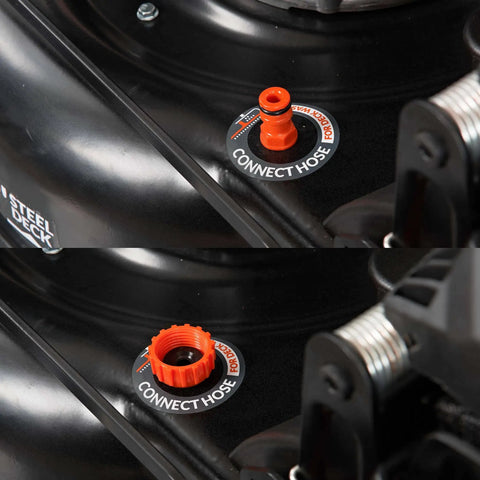 Close-up of hose connection on Gas Walk Behind Lawn Mower With CVT 6 Speed Pace Control, Black