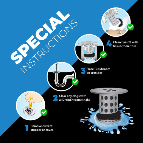 Bathtub Drain Hair Catcher In-Drain Tub Strainer Clog Prevention installation steps illustration.
