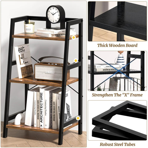 Rock Solid 3 Tier Ladder Bookshelf With Heavy Duty Steel Frame Rustic Brown Metal Display Stand Up Shelves For Living Room Home Office showcasing thick wooden boards and robust steel tubes.