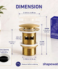 Heavy Duty Brass Pop Up Drain For Freestanding Tub With Brushed Gold Finish And Smart Hair Catcher dimensions illustration