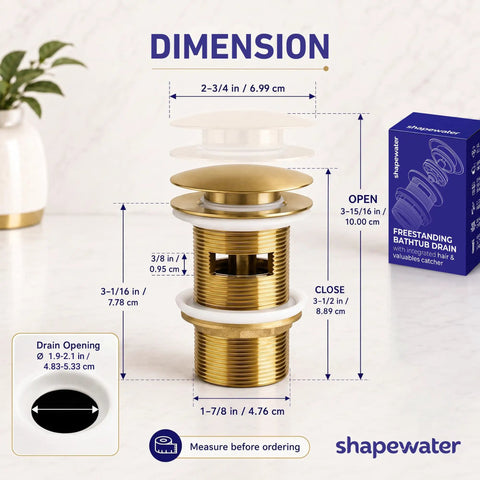Heavy Duty Brass Pop Up Drain For Freestanding Tub With Brushed Gold Finish And Smart Hair Catcher dimensions illustration