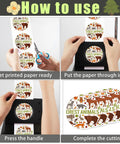 Instructions for using 58mm Button Maker Circle Cutter Punch for Badges and DIY Crafts with paper and forest animal design.