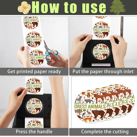 Instructions for using 58mm Button Maker Circle Cutter Punch for Badges and DIY Crafts with paper and forest animal design.