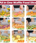 JAYVAR large stainless steel crinkle cutter with handle, wave potato slicer slicing cucumbers on a cutting board