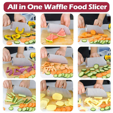 JAYVAR large stainless steel crinkle cutter with handle, wave potato slicer slicing cucumbers on a cutting board