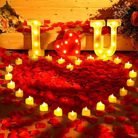 6000 Artificial Rose Petals and 72 Heart Shaped LED Tealights for Romantic Nights Valentines Weddings Proposals and Anniversary Decor