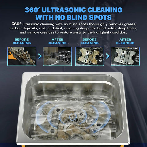 Before and after images of parts cleaned with Heavy Duty Ultrasonic Cleaning Machine With Digital Timer Plus Integrated Heater 10 Liter Capacity 40Khz Frequency.