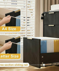 Slick Fluted 3 Drawer Rolling File Cabinet With Secure Lock, Heavy Duty Casters, Compact Printer Stand Table And Under Desk Wooden Storage Organizer For Home Office Workstation In Matte Black showing A4 and letter size folder organization.