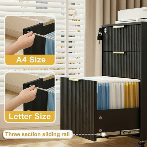 Slick Fluted 3 Drawer Rolling File Cabinet With Secure Lock, Heavy Duty Casters, Compact Printer Stand Table And Under Desk Wooden Storage Organizer For Home Office Workstation In Matte Black showing A4 and letter size folder organization.