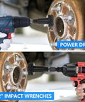 Wheel Hub Cleaning Tool And Resurfacing Kit with six durable brush heads in use on power drill and half inch impact wrench.