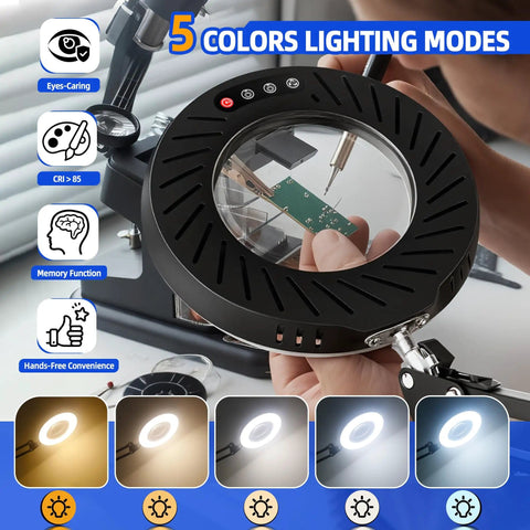 Person using 12X magnifying glass with light and stand, 144 LED desk magnifier lamp with base and clamp, examining circuit board.