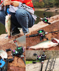 Carbon Fiber Fishing Rod 1.8m 2.1m Ultra Light Portable 5 To 6 Sections Baitcasting Reel Combo showcased near stream with fish.