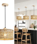 White Rattan Pendant Light With Handwoven Rope Shade For Boho Vibe Kitchen Island And Dining Room, Coastal Chandelier