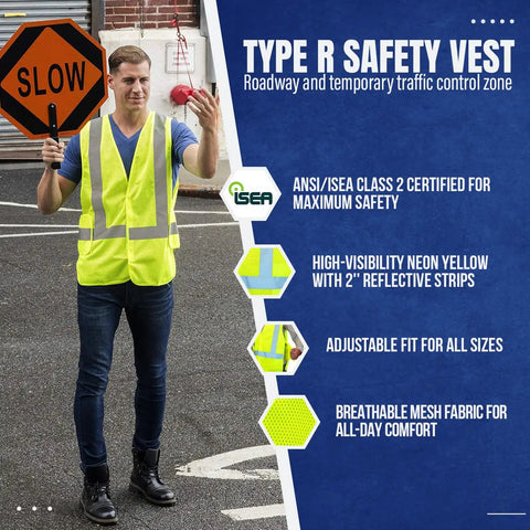 Person wearing High Visibility Neon Safety Vest With Universal Fit ANSI ISEA Class 2 Lightweight Sweat Free Mesh holding traffic sign.