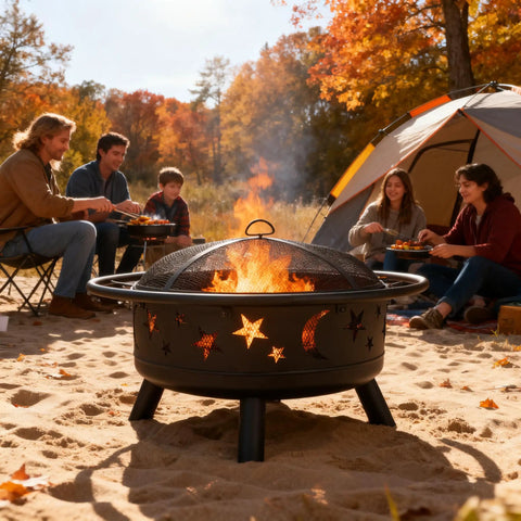 Wood Burning Fire Pit With Mesh Cover And Fire Poker 32 Inch Round Metal Outdoor Firepit With Star And Moon Cutouts For Patio