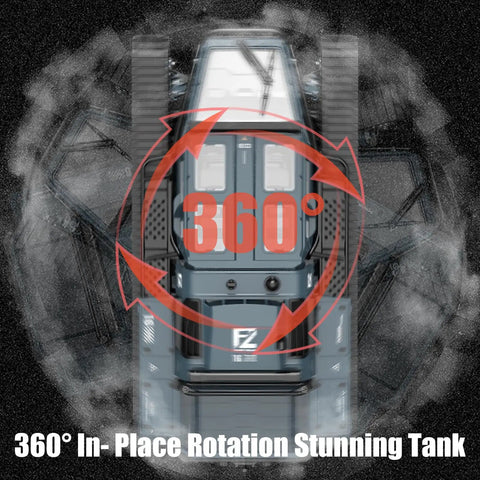 One Sixteen Scale RC Tank Car With 2.4GHz Remote showcasing 360° rotation with smoke effect, viewed from above.