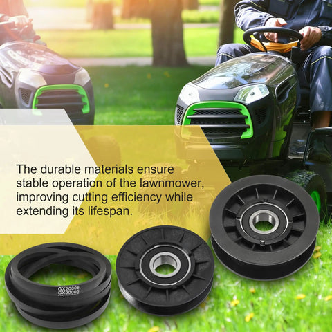 Idler Pulley And Drive Belt Kit For Mower Decks GX20006 GX20286 GX20287 displayed with a riding lawn mower in a garden.