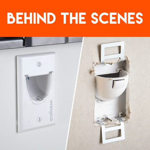 In Wall Cable Hider Kit 2 Pack Single Gang Pass Through installed and in-wall view with drywall brackets