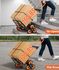 Heavy Duty Stair Climbing Hand Truck With Quick Fold Frame And Smooth Rolling Wheels For Zero Stress Moving No Sweat 300 Lb Cargo Hauler For Home Or Warehouse Runs in use on stairs and flat ground.