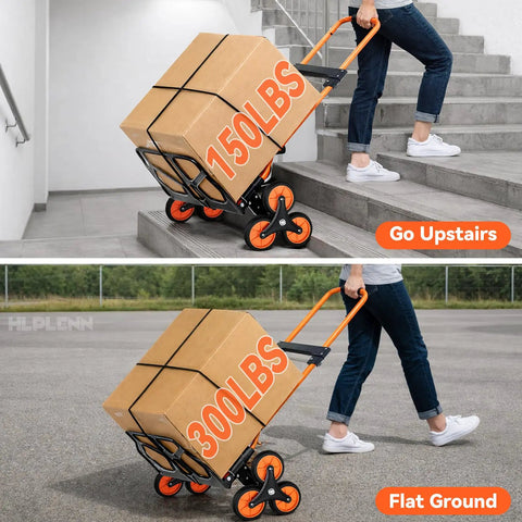 Heavy Duty Stair Climbing Hand Truck With Quick Fold Frame And Smooth Rolling Wheels For Zero Stress Moving No Sweat 300 Lb Cargo Hauler For Home Or Warehouse Runs in use on stairs and flat ground.