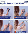 No Drilling Hassle Snap On Your Walls Versatile Adhesive Hooks For Quick Bathroom And Kitchen Refreshes Heavy Duty Grip Keeps Your Place Looking Sharp Total Game Changer For Tight Spots 12 Pack Storm Gray installation steps featuring a woman cleaning, positioning, and pressing the hook