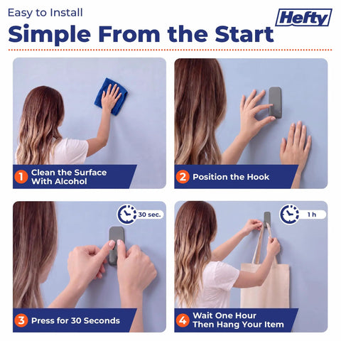No Drilling Hassle Snap On Your Walls Versatile Adhesive Hooks For Quick Bathroom And Kitchen Refreshes Heavy Duty Grip Keeps Your Place Looking Sharp Total Game Changer For Tight Spots 12 Pack Storm Gray installation steps featuring a woman cleaning, positioning, and pressing the hook