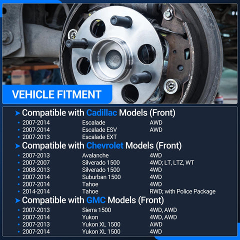 Front Wheel Hub And Bearing Assembly Set For 4x4 4WD Chevy Tahoe Suburban Silverado Avalanche GMC Yukon XL Sierra 1500 Cadillac Escalade ESV EXT 2007 To 2014 installed on vehicle showcasing compatibility.