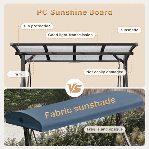 Comparison between PC sunshine board and fabric sunshade for Three Seat Patio Swing With Canopy 2 In 1 Convertible Bed Heavy Duty Outdoor Porch Swing Chair 750 Lbs Weight Capacity Adjustable Sunshade Reinforced Steel Frame For Backyard Garden Lawn Dark Gray.