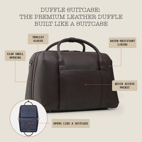 Carry On Ready Duffle Travel Bag With Clamshell Opening, 33 Liter Capacity, 16 Inch Laptop Pocket, Pebble Full Grain Leather In Chocolate