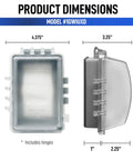 Weatherproof 1 Gang Exterior In Use Outlet Cover And Box Kit With Lockable Extra Duty Metallic Box, front and side dimensions view